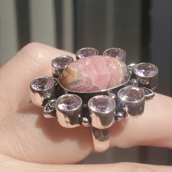 New Oversized Rhodochrosite & Kunzite 925 Silver Statement Ring. - Picture 10 of 14